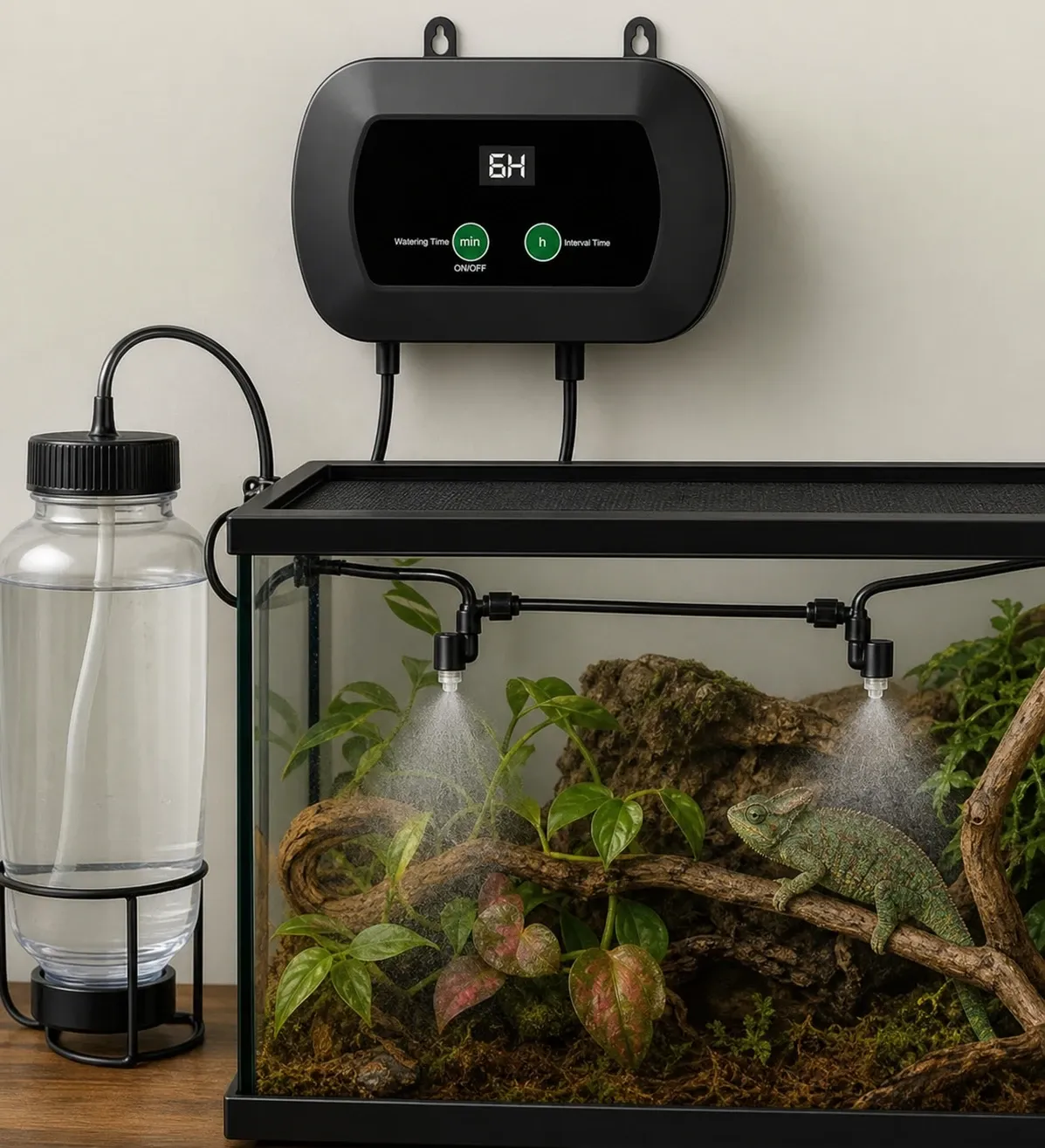 Black programmable reptile misting controller mounted above a glass vivarium, with a water reservoir on the left and two adjustable nozzles spraying fine mist inside the enclosure over plants, branches and a chameleon.